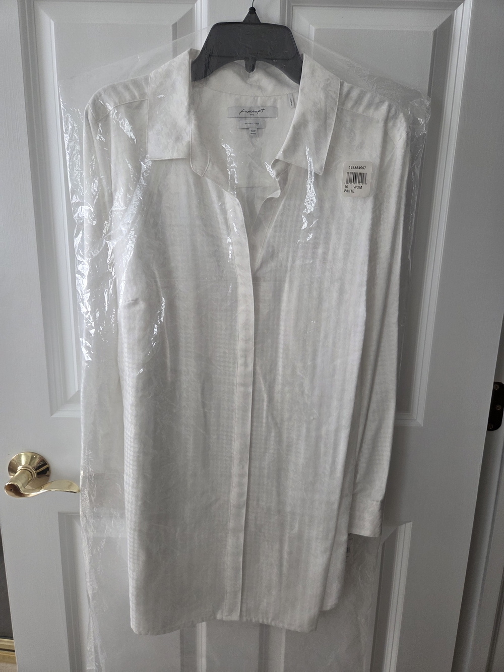 Foxcroft White On White Herringbone Textured Button-Front Blouse. Extra Long - Picture 2 of 13